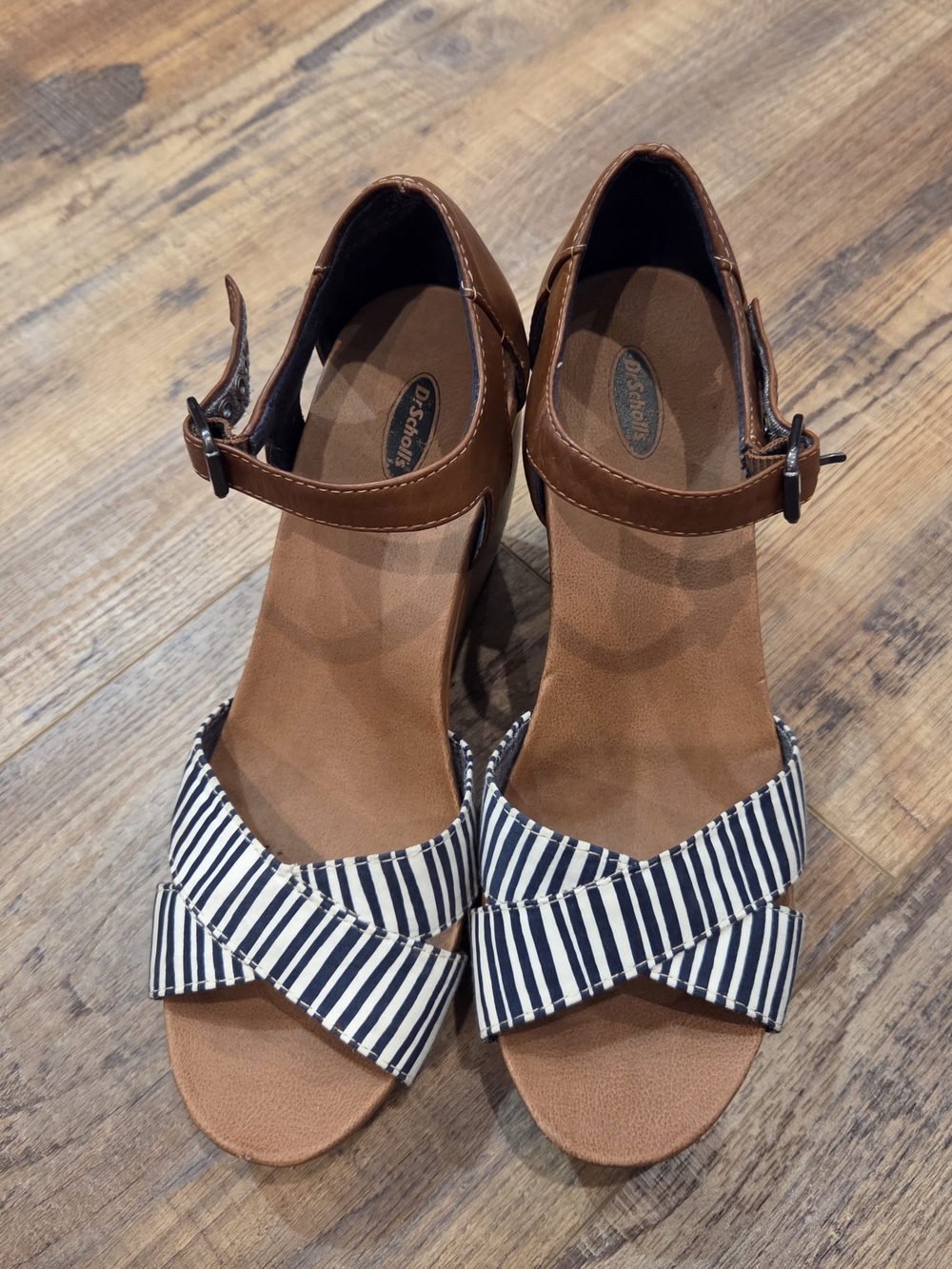 Dr. Scholl's Brown Sandals with Navy & White Striped Straps